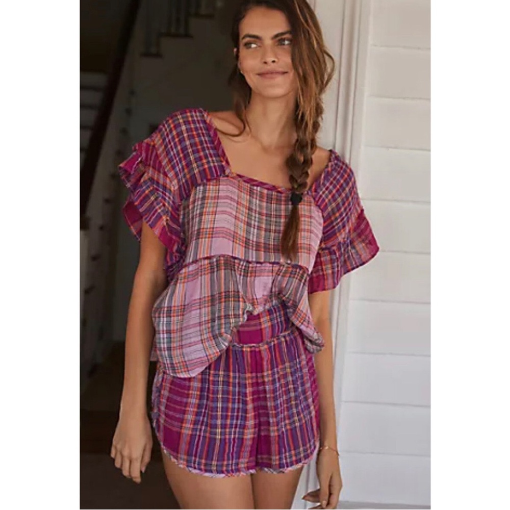 Anthropologie Pink Plaid Ruffle Sleeve Top and Shorts Set
